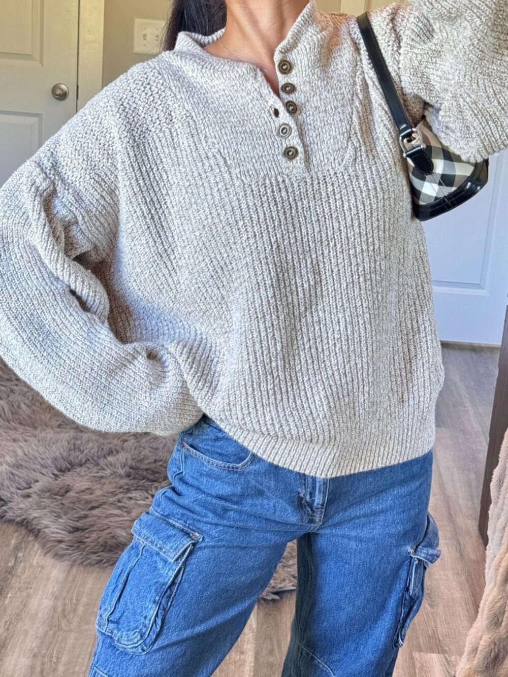 Vintage 90s Croft & Barrow Henley Fisherman Sweater Mens M Oatmeal Knit USA